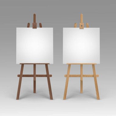 Vector Set of Wooden Brown Sienna Easels with Mock Up Blank Square Canvases Isolated on Background clipart