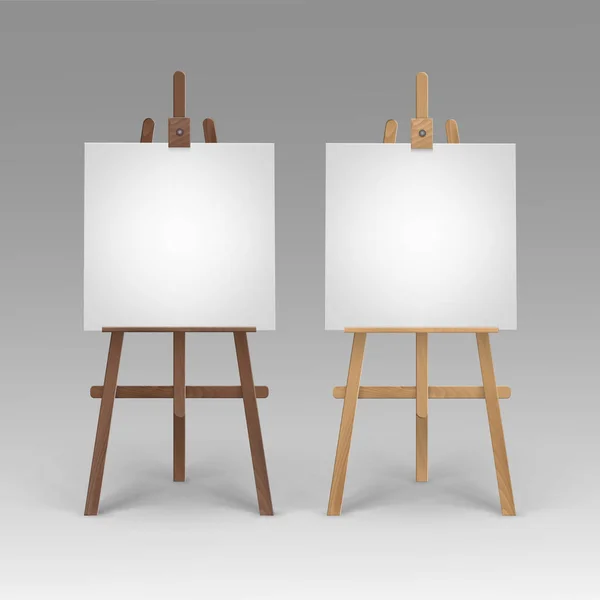Vector Set of Wooden Brown Sienna Easels with Mock Up Blank Square Canvases Isolated on Background — Stock Vector