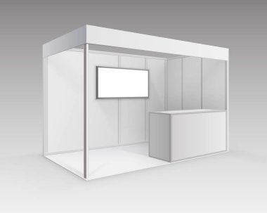 Vektör beyaz boş kapalı Ticaret Fuarı Booth standart Stand Counter ekran izole arka plan bakış açısı ile sunum için