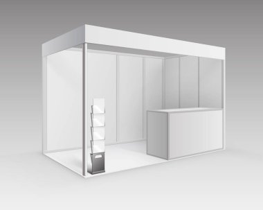 Vektör beyaz boş kapalı Ticaret Fuarı Booth standart Stand perspektif izole arka plan üzerinde sayaç kitapçık broşür sahibi ile sunum için