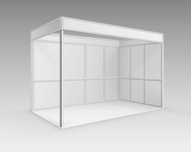 Vektör beyaz boş kapalı Ticaret Fuarı Booth standart Stand perspektif izole arka plan üzerinde sunum için