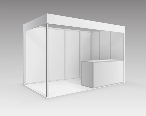 Stand espositivo indoor bianco vettoriale stand standard per la presentazione con contatore isolato in prospettiva sullo sfondo — Vettoriale Stock