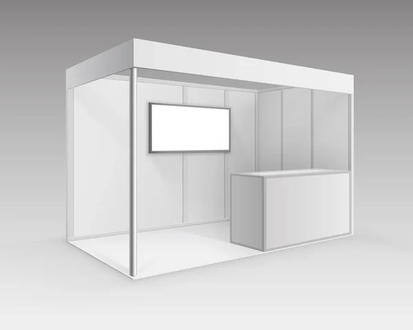 Vector White Blank Indoor Trade exhibition Booth Standard Stand for Presentation with Counter Screen Isolated in Perspective on Background — Stock Vector