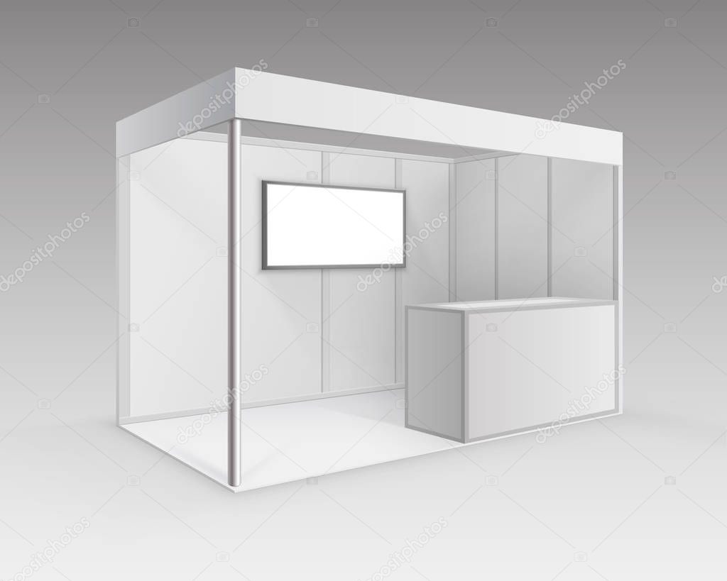 Vector White Blank Indoor Trade exhibition Booth Standard Stand for Presentation with Counter Screen Isolated in Perspective on Background