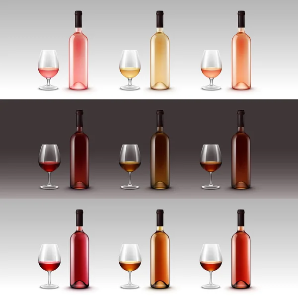 Vector Set of Wine Bottles and Glasses Isolated on Background — Stock Vector