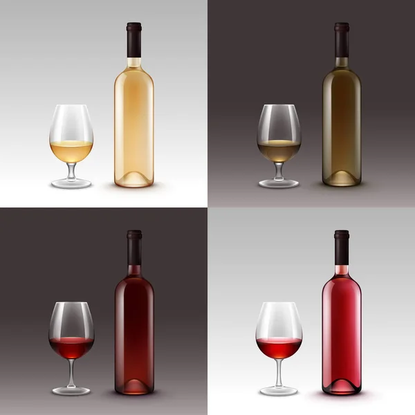 Conjunto vectorial de botellas de vino y copas aisladas sobre fondo — Vector de stock