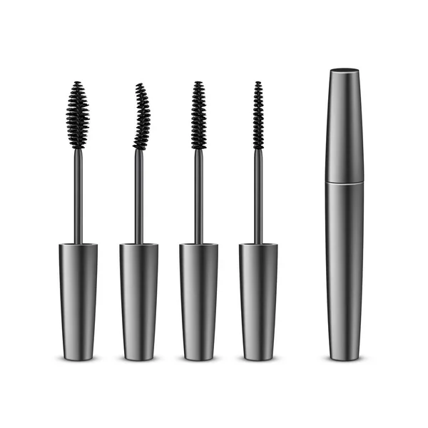 Zbiór otwarty zamknięty czarną Mascara realistyczne w ciemne rurki błyszczące z różnymi pędzlami na białym tle — Wektor stockowy