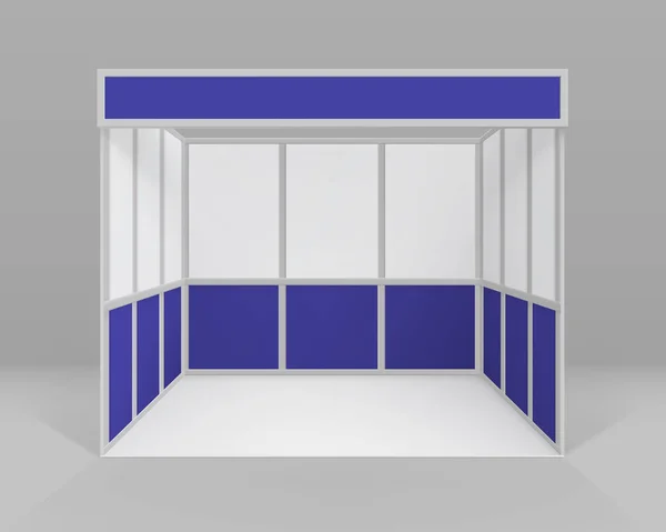 Suporte padrão da cabine da exposição comercial interna em branco azul branco do vetor para a apresentação isolada com fundo —  Vetores de Stock
