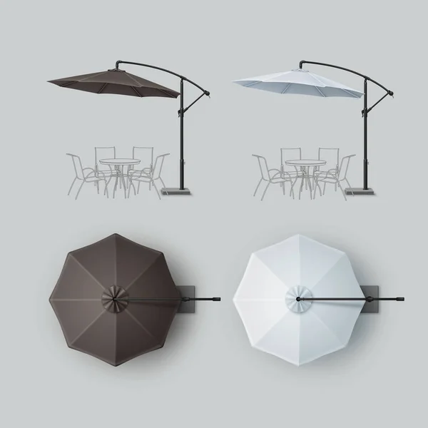 Vector Set of Brown Black Gray White Blank Patio Outdoor Beach Cafe Bar Pub Lounge Restaurant Round Umbrella Parasol for Branding Top Side View Mock up Close up Isolated on Background — Stock Vector