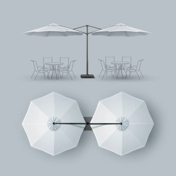 Vector White Blank Patio Double Outdoor Beach Cafe Bar Pub Lounge Ristorante Ombrello rotondo Ombrellone per branding Top Vista Laterale Mock up Close up Isolato sullo sfondo — Vettoriale Stock