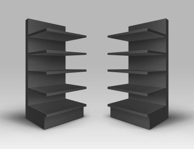 Siyah boş boşaltmak ticaret vektör kümesi üzerinde arka izole raflar Storefronts ile mağaza rafları standları