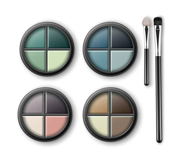 Conjunto de sombras de ojos multicolores en caso con aplicadores de maquillaje — Vector de stock