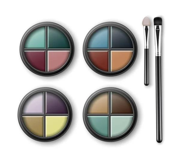 Conjunto de sombras de ojos multicolores con aplicadores de pinceles de maquillaje — Vector de stock