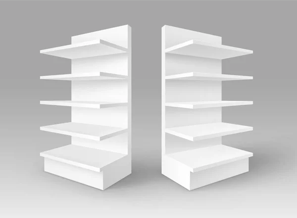Ensemble vectoriel de présentoirs vides blancs d'exposition de magasin de supports commerciaux avec des étagères Storefronts isolés sur fond — Image vectorielle