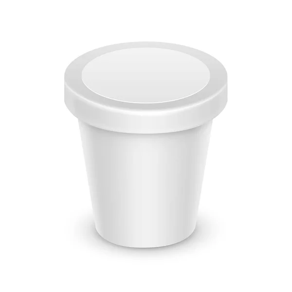 矢量白色空白食品塑料桶桶容器为甜点、 酸奶、 冰淇淋、 酸奶油与标签为包设计模拟了密切了白色背景上的分离 — 图库矢量图片