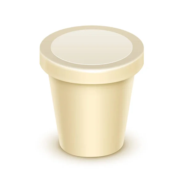 Cream Blank Food Plastic Tub for Vanilla Dessert, Yogurt, Ice Cream, Sour Cream with Label for Package Design — Stock Vector
