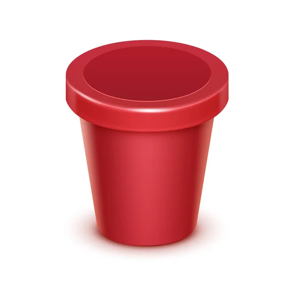 Recipiente de balde de banheira de plástico de comida em branco vermelho para sobremesa de cereja de morango de frutas, iogurte, sorvete com etiqueta —  Vetores de Stock