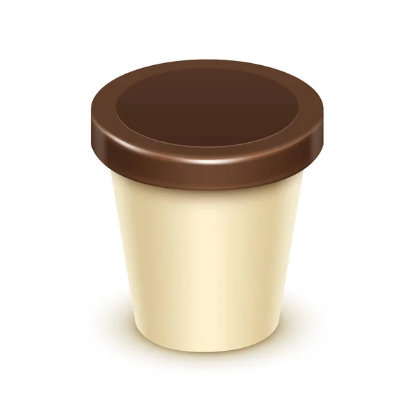 Cubo de bañera de crema marrón vectorial para postre de chocolate de vainilla, yogur, helado con etiqueta Mock Up aislado en el fondo — Archivo Imágenes Vectoriales