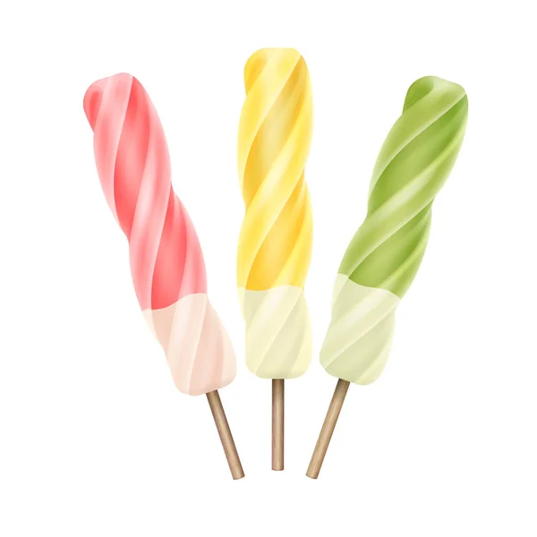 Vector instellen van geel roze groen aardbei kers Mango citroen Kiwi Mint spiraal Popsicle Lollipop Ice Cream Fruit SAP ijs op Stick close-up geïsoleerd op achtergrond — Stockvector