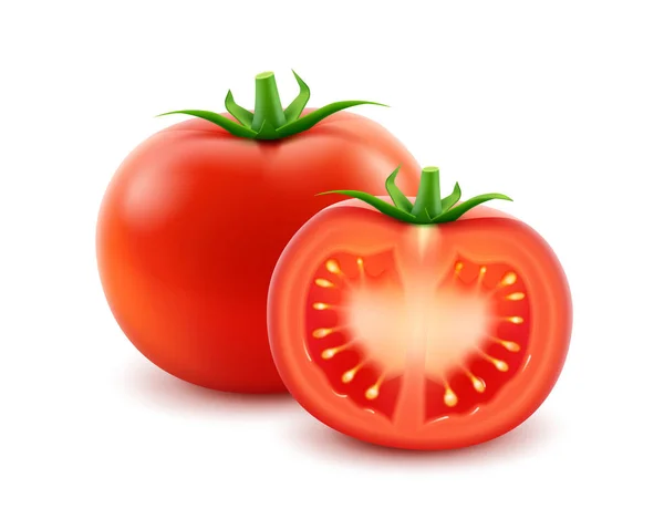 Grande maduro rojo fresco corte tomate entero de cerca aislado sobre fondo blanco — Vector de stock