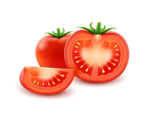 Vektor Big Ripe Red Fresh Cut Whole Tomat Close up Isolated on White Background - Stok Vektor