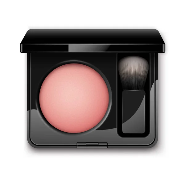 Blusher redondo vectorial en caja de plástico rectangular negra con la vista superior del aplicador del cepillo del maquillaje aislada en fondo blanco — Vector de stock