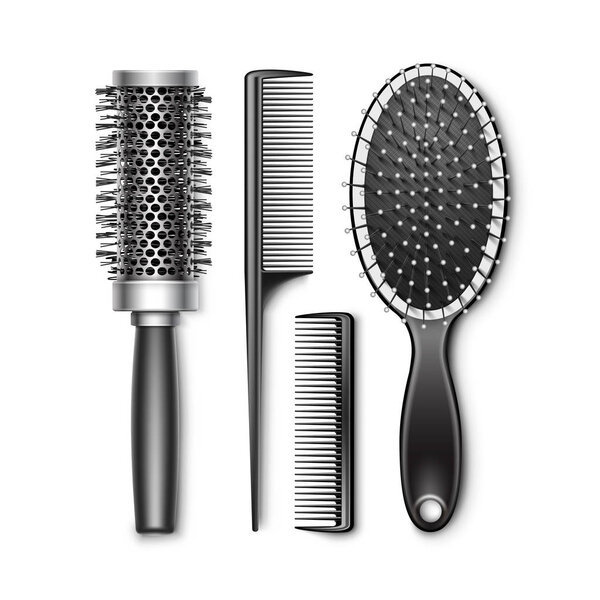 Vector Set of Black Plastic Grooming and Hot Curling Radial Pocket Hair Brush Comb Professional Hairdresser Tools Top View Isolated on White Background