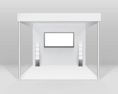 Vektör beyaz boş kapalı Ticaret Fuarı ile spot ekran kitapçık broşür tutucu izole arka plan üzerinde sunum için Booth standart Stand