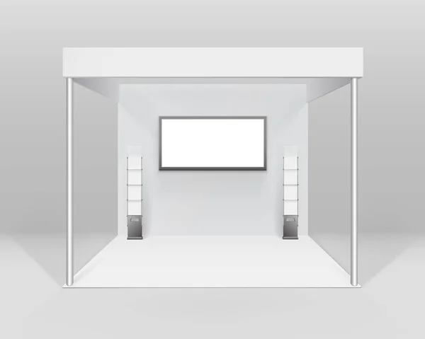 Διανυσματικά λευκό κενό εσωτερικό εμπόριο εκθεσιακό περίπτερο Standard σταθεί για παρουσίαση με επίκεντρο οθόνη βιβλιαράκι φυλλάδιο κάτοχος απομονωμένες σε φόντο — Διανυσματικό Αρχείο