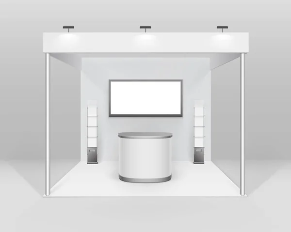 Vektör beyaz boş kapalı Ticaret Fuarı için sayaç spot ekran kitapçık broşür tutucu izole arka plan üzerinde sunuyla Booth standart Stand — Stok Vektör
