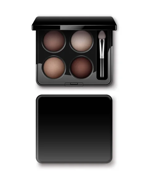 Vector Redondo MultiColor Pastel Light Brown Cream Ocher Eye Shadows en Negro Caja de plástico rectangular con aplicador de cepillo de maquillaje Vista superior Aislado sobre fondo blanco — Vector de stock