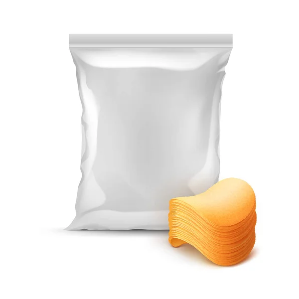 Sac en plastique scellé vertical vectoriel pour la conception d'emballage avec pile de croustilles de pommes de terre Fermer Isolé sur fond blanc — Image vectorielle