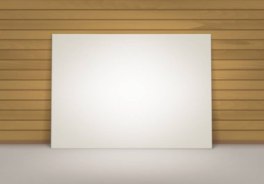 Vektör boş boş beyaz sahte kadar kahverengi Sienna ahşap duvar açık manzaralı katta ayakta Poster resim çerçevesi