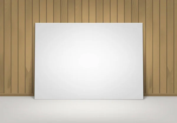 Vektor prázdné prázdné bílé vzorovou rámeček obrázku a stojící na podlaze s hnědý Sienna dřevěné stěně čelní pohled — Stockový vektor