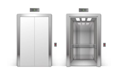 Açık ve kapalı krom Metal bina Asansör kapıları arka plan üzerinde