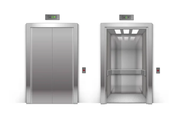 Öppna och slutna krom metall kontorsbyggnad hissdörrar isolerade — Stock vektor