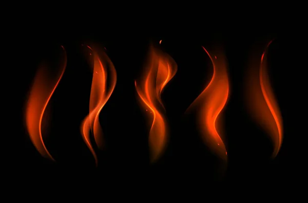 Set aus verschiedenen roten scharlachroten Feuerflammen auf Hintergrund — Stockvektor