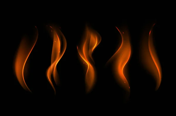 Ensemble de différentes flammes de feu orange jaune sur fond — Image vectorielle