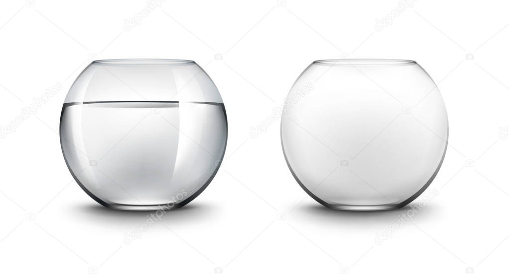Vector Set of Realistic Black Transparent Smooth Shiny Glass Fishbowls Aquariums with Water without Fish Isolated on White Background