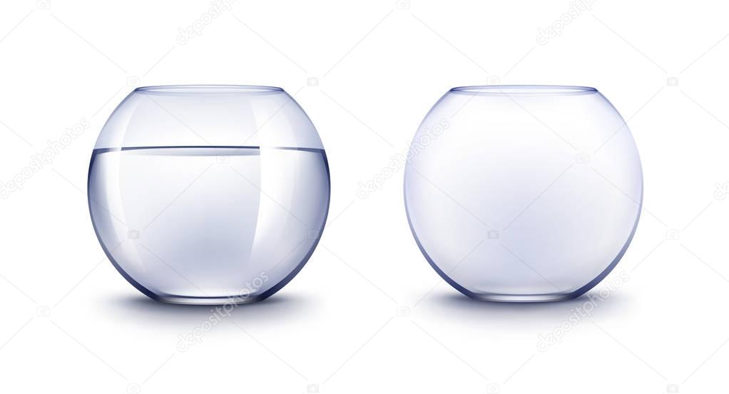 Vector Set of Realistic Blue Transparent Smooth Shiny Glass Fishbowls Aquariums with Water without Fish Isolated on White Background
