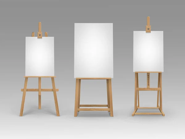 Ensemble de chevalets en bois brun de Sienne avec des toiles verticales vides maquillées isolées sur fond — Image vectorielle