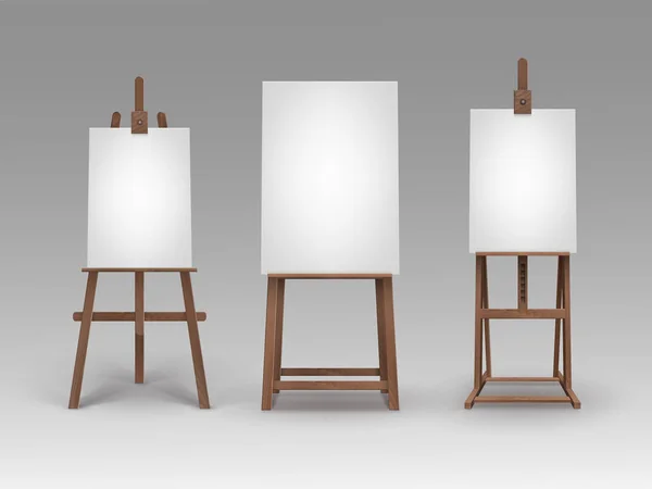 Set of Brown Wooden Easels with Mock Up Empty Blank Vertical Canvases Isolated on Background — Stock Vector