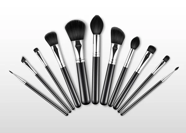 Set of Black Clean Professional Makeup Concealer Powder Blush Eye Shadow Brow Brushes with Black Handles — Stock Vector
