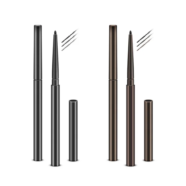 Conjunto de lápis de delineador de maquiagem cosmética marrom preto com sem tampas e traços de amostra isolados em fundo branco — Vetor de Stock