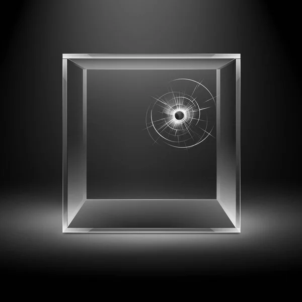 Vector vacío transparente roto grieta caja de vidrio cubo aislado sobre fondo negro oscuro con luz de fondo — Vector de stock