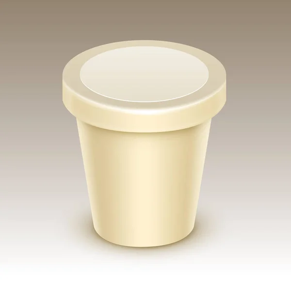 Векторное крем пустой пищевой пластиковый контейнер ведро для ванны для ванильного десерта, йогурта, мороженого, кислого крема с этикеткой для дизайна упаковки макет близко к изоляции на заднем плане — стоковый вектор