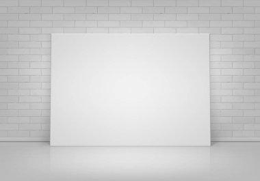 Vektör boş boş beyaz sahte kadar tuğla duvar açık manzaralı katta ayakta Poster resim çerçevesi