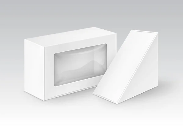 Set di scatole di cartone bianco vuoto rettangolo triangolo take away per sandwich, cibo, regalo finto da vicino — Vettoriale Stock