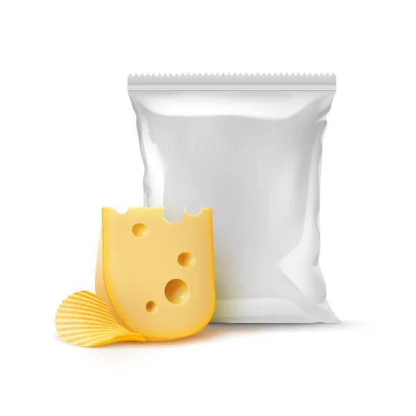 Batata de vetor Ondulação batatas fritas crocantes com queijo e selado vertical saco de folha de plástico vazio para o projeto do pacote — Vetor de Stock