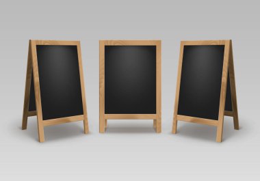 Ahşap boş boş reklam sokak sandviç kümesi vektör arka plan üzerinde siyah menü panoları izole kaldırım işaretleri standları